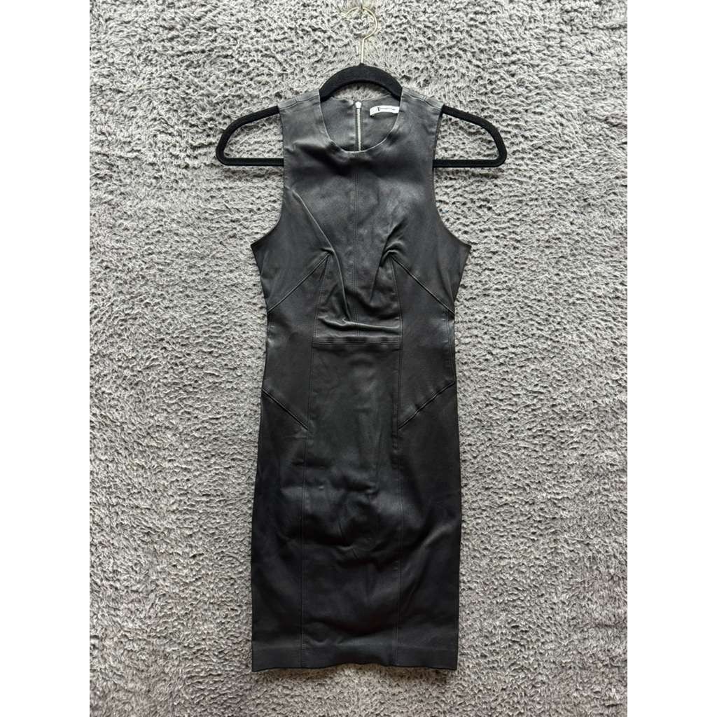T Alexander Wang Lambskin Leather Crew Neck Tank Midi Dress Black Womens Size 2